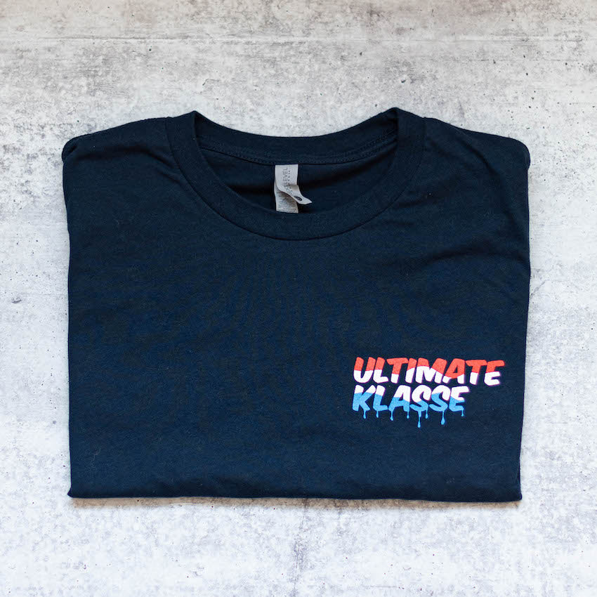 Ultimate Klasse Red White and Blue Klasicle Tee Shirt Front with Text Logo