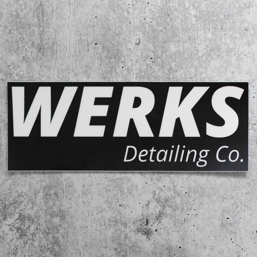 Werks Detailing Co Rectangle Sticker. Outdoor quality vinyl. White logo text on black background